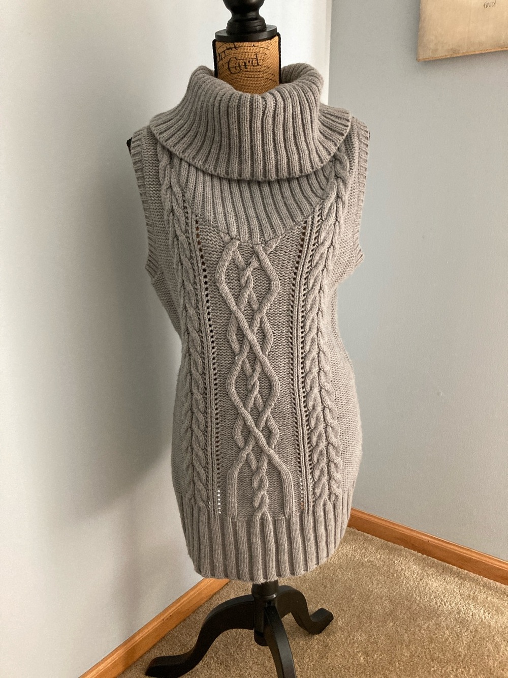 Wet Paint Sleeveless Cable Knit Cowl Neck Sweater or Mini Dress -Gray- L/XL